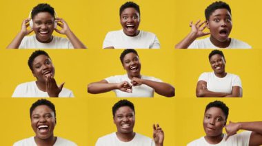 Genç bir Afrikalı Amerikalı kadın jestler ve yüz ifadeleriyle çeşitli duygular sergiliyor. Parlak sarı arka plan onun canlı tasvirine canlılık katıyor..