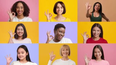 Çeşitli geçmişlerden bir grup kadın elleriyle iyi bir jest yapıyor. Neşeli ifadeleri ve canlı renkleri bir pozitiflik, birlik ve çeşitlilik hissini vurguluyor..