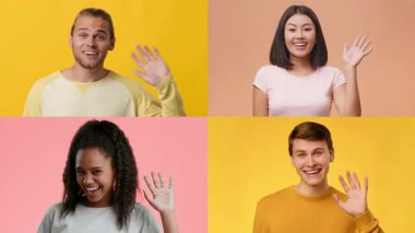 Dört farklı birey, canlı arkaplanlara karşı sıcak bir şekilde el sallıyor. Her insan dostluğunu ve neşesini kendine özgü bir şekilde ifade eder.