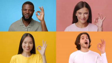 Farklı zeminlerden dört kişi, rengarenk arka planlara, çeşitliliği ve pozitif yaşam tarzını temsil eden evrensel bir jest sergiliyor..