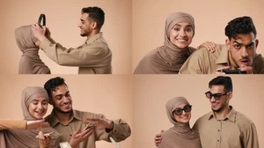 Evli bir Arap çift, birlikte eğlenceli aktivitelerden zevk alıyor, bağlantılarını ve neşelerini sergiliyorlar. Sevgi ve arkadaşlığın özünü yakalayan neşeli jestler yaparlar..