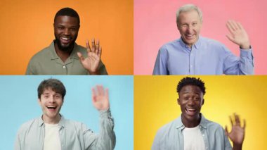 Canlı bir ortamda gülümseyen ve el sallayan farklı bireylerden oluşan bir grup. Her insan mutluluğu ve dostluğu ifade eder, çok ırklı etkileşimler sergiler..