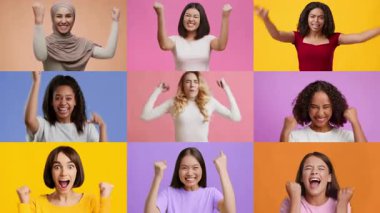 Heyecan ve mutluluğu ifade eden çeşitli kadınlar topluluğu. Her biri yumruklarını kaldırmış ve gülümsüyor. Canlı arka planlar onların kutlama ruhlarını güçlendiriyor, bireysellik ve neşe sergiliyor..