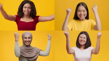 Dört kadın zaferlerini coşkulu jestler ve parlak sarı bir arka plana karşı neşeli gülücüklerle kutluyor. Her birey benzersiz bir mutluluk ve zafer ifadesi sergiler..