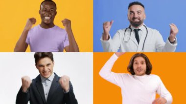 Dört erkek heyecanlarını ve mutluluklarını yumruk tokuşturarak ve tezahüratlarla ifade ederler. Her bir birey eşsiz bir ortam sergiliyor, parlak, renkli arka planlara karşı zafer ve neşe dolu bir anı vurguluyor..