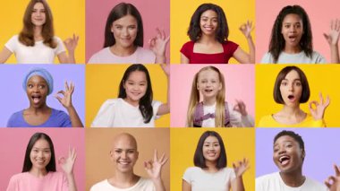 Değişik geçmişlere sahip kadınların hoş jestler yaptığı canlı bir kolaj. Renkli arkaplan, farklı ifadelerini ve stillerini sergileyerek canlı atmosferi güçlendirir..