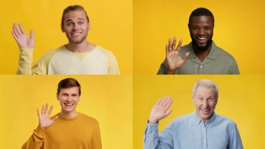 Dört kişi gülümser ve dostça el sallar. Bu coşkulu selamlaşmanın neşeli atmosferine hayat veren sarı arka plan ekleniyor..