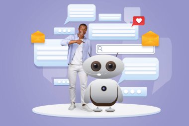 Bir adam dost canlısı yapay zekanın günlük yaşamla nasıl bütünleştiğini gösteren yapay bir robotun yanında duruyor. Çevreleri sohbet baloncukları, haberleşme ve yardımla çevrili.