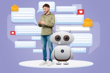 Dost canlısı bir robotun yanında duran bir adam, çeşitli sohbet baloncukları ve uyarılarla çevriliyken mobil bir cihazla etkileşime geçiyor. Bu, modern sanal yardım ve iletişimi vurguluyor.