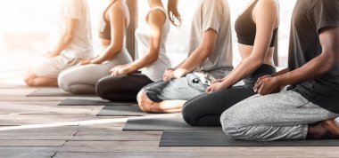 Sağlık Konsepti. Yoga, Kırpılmış Resim ve Panorama dersinde meditasyon yapan farklı insanların yan görüntüsü