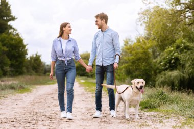 Aile Yürüyüşü Konsepti. Heyecanlı genç eşler kırsalda sevimli labradorlarını tasmayla gezdiriyorlar, boşluğu kopyalıyorlar.