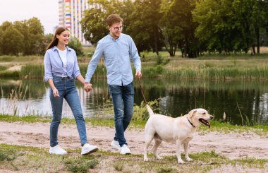 Köpek dostu randevu konsepti. Gölün veya nehrin kenarında, parkta köpek gezdiren iki genç insan el ele tutuşuyorlar.
