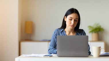 Girişimcilik Konsepti. Modern Ofiste İşyerinde Çalışan Dizüstü Bilgisayarı Kullanan İş Kızı. Boş Alanı Olan Panorama