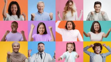 Canlı bir kolaj, mutluluk ve zafer ifade eden çeşitli yetişkinleri ve çocukları içerir. Jestleri ve yüz ifadeleri kazanmanın ve birlikte şanslı hissetmenin heyecanını gösteriyor..