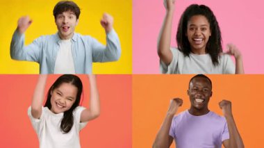 Canlı bir ortamda, çeşitli yetişkinler ve çocuklar sevinçlerini ve heyecanlarını muzaffer jestlerle ifade ederler. Her insan mutluluk yayar, zafer ve beraberlik duygusunu somutlaştırır..