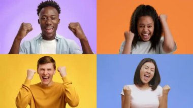 Çeşitli yetişkin ve çocuk toplulukları heyecanlarını ve mutluluklarını ifade ederek çeşitli zafer işaretleri sergiliyorlar. Neşeli yüzleri bir başarı ve neşeyi yansıtır..