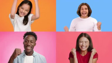 Çeşitli yetişkin ve çocuk grupları sevinç ve heyecanı tezahürat ve muzaffer jestlerle ifade ederler. Neşeli yüzleri, canlı geçmişlerinde bir başarı ve mutluluk hissi sergiliyor..