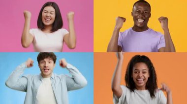 Canlı bir kolaj, duyguları neşeyle ifade eden çeşitli yetişkin ve çocuklardan oluşan bir grup sunar. Heyecan jestleri başarı ve zafer duygularını canlı bir ortamda iletir..