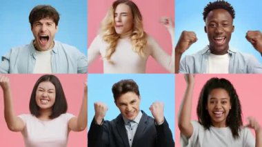 Çeşitli yetişkinler ve çocuklar ezici bir neşe ve zafer ifade ediyor. Her insan, jestler ve tebessümlerle eşsiz duygular gösterir. Toplu mutluluk ve başarının bir anını yakalar..