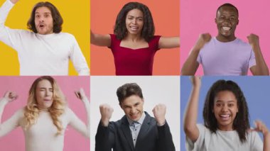 Çeşitli yetişkin ve çocuklardan oluşan bir grup zafer işaretleriyle neşe ve heyecan sergiliyor. Yürekten ifadeleri bir başarı, mutluluk ve beraberlik hissi veriyor..