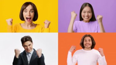 Bir grup neşeli yetişkin ve çocuk başarılarını neşeli jestler ve ifadelerle kutluyor. Canlı renkler, mutluluk ve zafer duygularını canlı bir ortamda güçlendirir..
