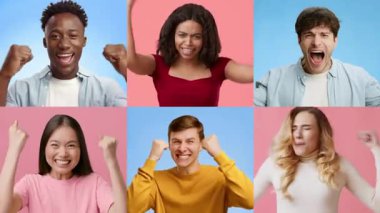 Yetişkinlerin ve çocukların çeşitli bir araya gelmesi mutluluklarını ve heyecanlarını neşeli jestler ve yüz ifadeleriyle ifade eder. Her insan kazanma ve kendini şanslı hissetme zevkini paylaşır..