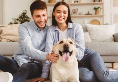 Evcil hayvan. Modern apartmanda yerde oturmuş köpeğini okşayan heyecanlı bir çiftin portresi.