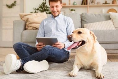 Evcil hayvan. Yerde yatan mutlu altın labrador av köpeğinin portresi, arka planda dijital tablet kullanan genç bir adam. Evdeki cihazda video izleyen bir adam var.