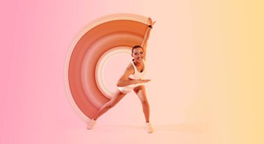A joyful woman with a shaved head in a dynamic yoga pose, wearing a white sports outfit and sneakers, smiles widely on a gradient pink and yellow background, expressing energy and happiness