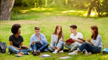 Eğitim Konsepti. Çok ırklı bir grup öğrenci açık havada derslere hazırlanıyor. Üniversite kampüsünde çimde kitap ve not defterleriyle oturuyorlar.