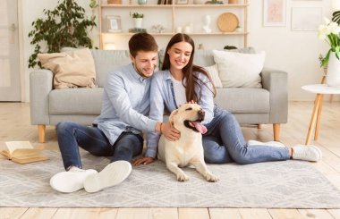 Sevgi dolu bir aile. Modern apartmandaki yerde oturmuş köpekleri okşayan güzel eşlerin portresi.