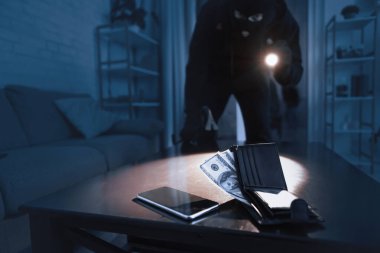 Haneye tecavüz. Maskeli soyguncu gece eve arka kapıdan giriyor. Paraya ve akıllı telefona el feneri tutuyor.