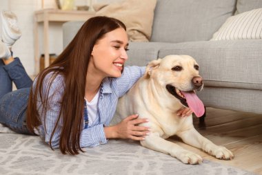Rahat Yaşam Tarzı Konsepti. Sevgi dolu evcil hayvanıyla birlikte halının üzerine uzanmış Labrador 'u kucaklayan mutlu kadının portresi. Bayan en iyi arkadaşına sarılıyor modern bir dairede dinleniyor.