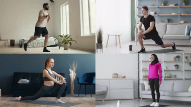 Dört farklı birey, konforlu ev ortamlarında farklı egzersizlerle atletizm sergiliyor, günün çeşitli saatlerinde sağlıklı bir yaşam tarzı ve spor rutinini teşvik ediyor..