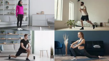 Dört bireyin kapalı alandaki çeşitli spor çalışmalarına katıldığı bir kolaj. Her insan, sağlıklı bir yaşam tarzını vurgulayarak, modern, minimalist yaşam alanlarında farklı egzersizler sergiler..