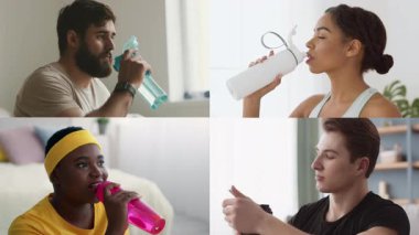 Dört atletik birey, çeşitli arka planlar ve fitness yaşam tarzları sergiliyor. Sağlıklı yaşama odaklı rahat ortamlarda farklı su şişeleri kullanıyorlar..