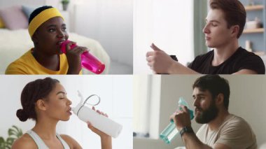 Canlı bir kolajda, dört farklı birey fitness rutinleri sırasında susuzluğa odaklanır. Çeşitli iç mekanlarda kararlılık ve sağlıklı yaşam tarzları sergiliyorlar..