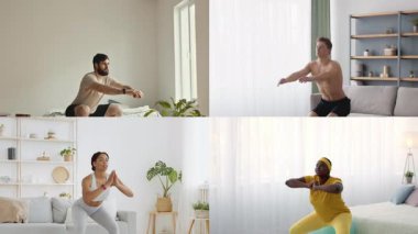 Parlak ve modern bir evde, farklı bireylerden oluşan bir grup, fitness 'e olan bağlılıklarını göstermek için çeşitli egzersizler yapıyor. Farklı ayarlar evde çalışma rutinlerini ve atletizmi vurgular.