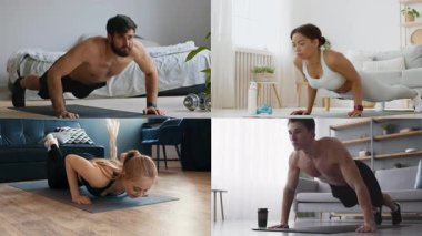 Evde çeşitli fitness aktivitelerine katılan, güç ve kararlılık gösteren bireylerden oluşan bir derleme. Her insan, sağlıklı bir yaşam tarzını destekleyen eşsiz egzersiz teknikleri sergiler..