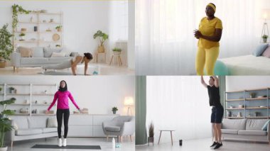 Evdeki çeşitli antrenmanlara katılan bireylerden oluşan bir derleme. Farklı egzersizler sergiliyorlar, aktif ve sağlıklı bir yaşam tarzını parlak, davetkar bir ortamda sergiliyorlar..