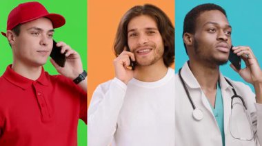 Canlı kıyafetli üç kişi cep telefonlarıyla konuşuyor. Her insan farklı bir arkaplan rengine karşı durarak, o anın canlı atmosferini arttırır..