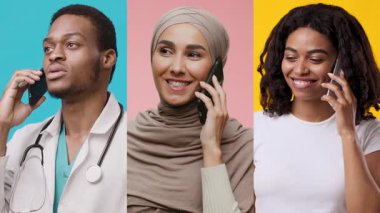 Her biri farklı giyinmiş üç kişi telefonlarıyla konuşuyor. İfadeleri, geçmişteki çeşitliliklerini ve etkileşimlerini arttıran hareketli bir ilişki içeriyor..