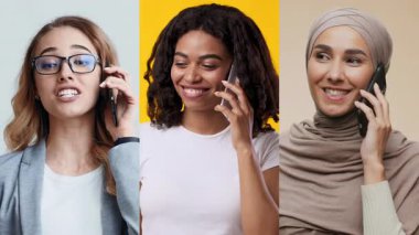Farklı geçmişlere sahip üç kadın telefonlarıyla konuşurken gülümsüyor. Sıradan giyinirler ve ifadelerinde bir bağ ve sevinç duygusu ifade ederler..