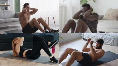 Çeşitliliği temsil eden dört atletik birey evde egzersiz yapıyor. Parlak ve ferah ortam, spor ve sağlıklı yaşama bağlılıklarını vurguluyor..