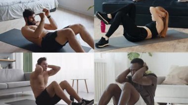 Evde çeşitli fitness antrenmanlarına katılan bir grup atletik birey. Sağlıklı yaşama odaklı parlak, motive edici bir ortamda güç ve adanmışlık gösterirler..