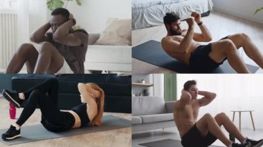 Kapalı alan ortamında, çeşitli geçmişlerden bireyler paspaslar üzerinde çekirdek güçlendirme egzersizleri yapıyorlar. Formda kalmaya odaklanmaları sağlıklı bir yaşam tarzı ve atletizme olan bağlılıklarını vurguluyor..