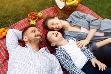 Aile pikniği. Anne, baba ve oğullarının açık havada kareli battaniyenin üzerinde yatmaları.