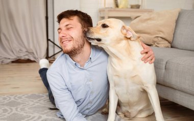 En iyi arkadaş konsepti. Golden Retriever 'ın portresi. Kokan adam yüzü ve yanağı. Hayvana karşı sevgi ve sevgi. Adam halıya uzanıp evcil hayvanıyla oturma odasında eğleniyor.