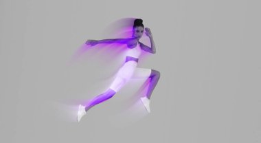 Atlayan Atletik Kadın, stüdyoda Pembe ve Mavi Neon geçmişine bakarak kamera karşısında poz veriyor. Boşluklu Tam Uzunluk, Panorama