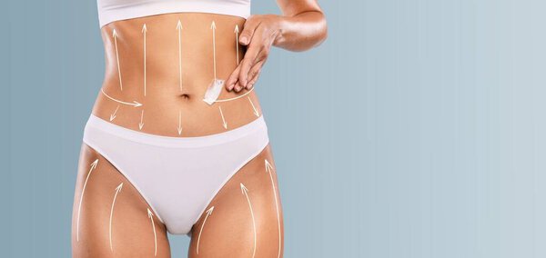 A woman applies skin care products to her body, focusing on sculpting and contouring techniques.